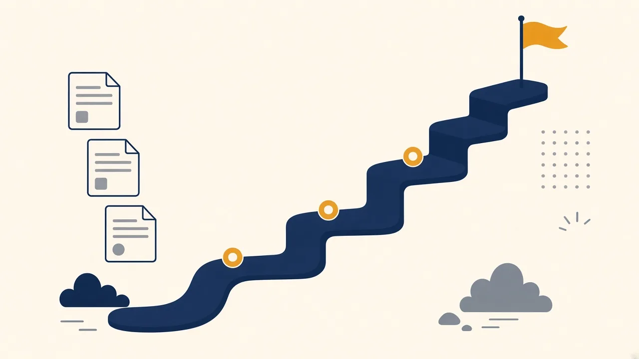 Illustration of a staircase rising past three milestone markers to a flag at the top