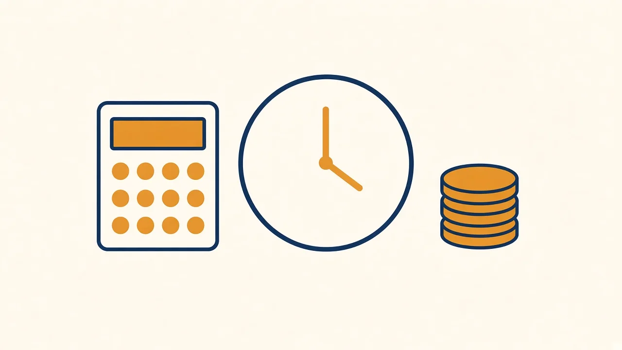 Illustration of a calculator, clock, and coins