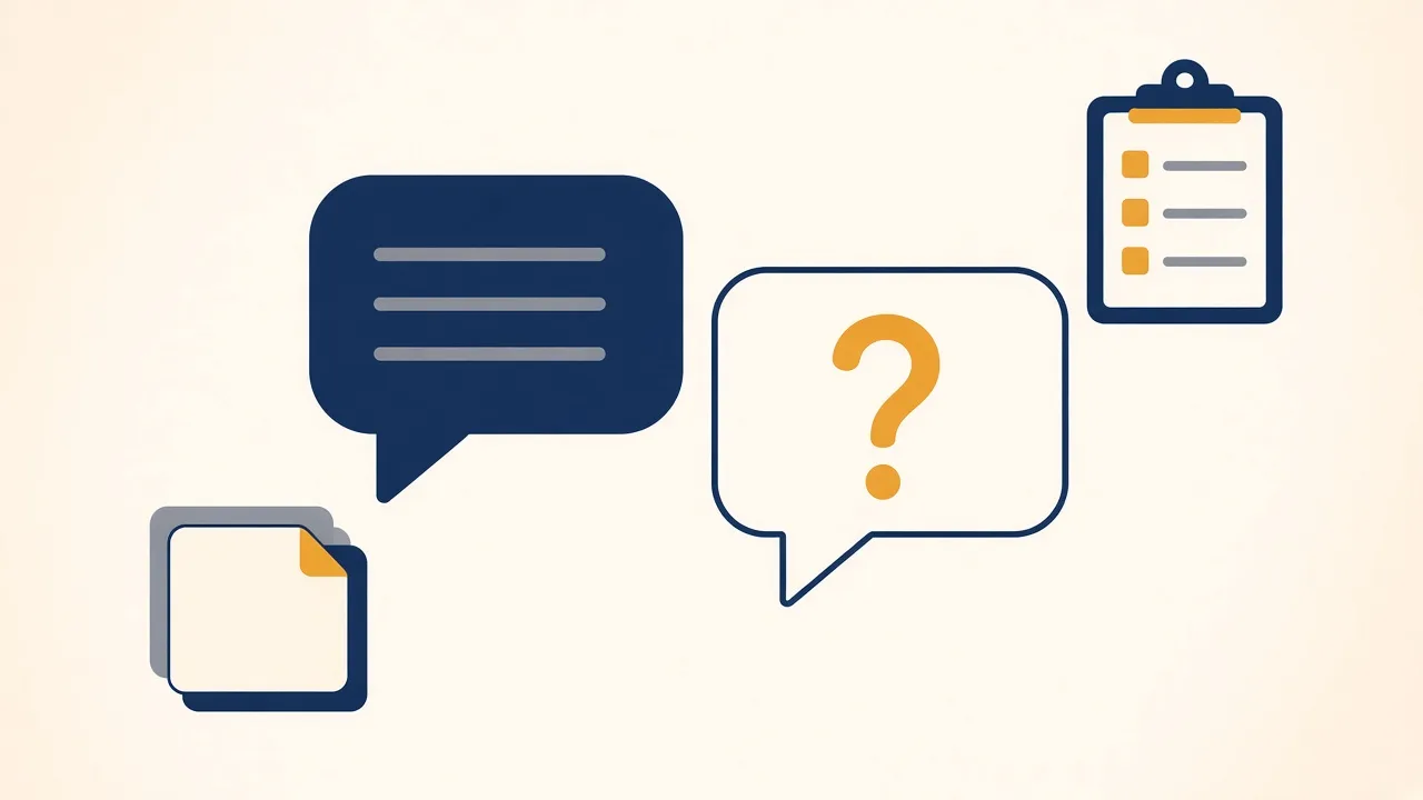 Illustration of two speech bubbles, one holding a question mark, beside flash cards and a clipboard