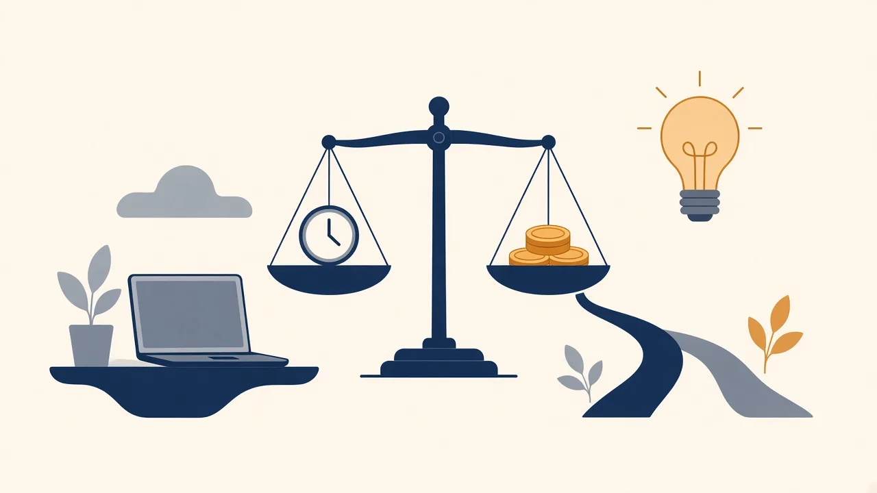 Illustration of a balance scale weighing a clock against a stack of coins beside a laptop