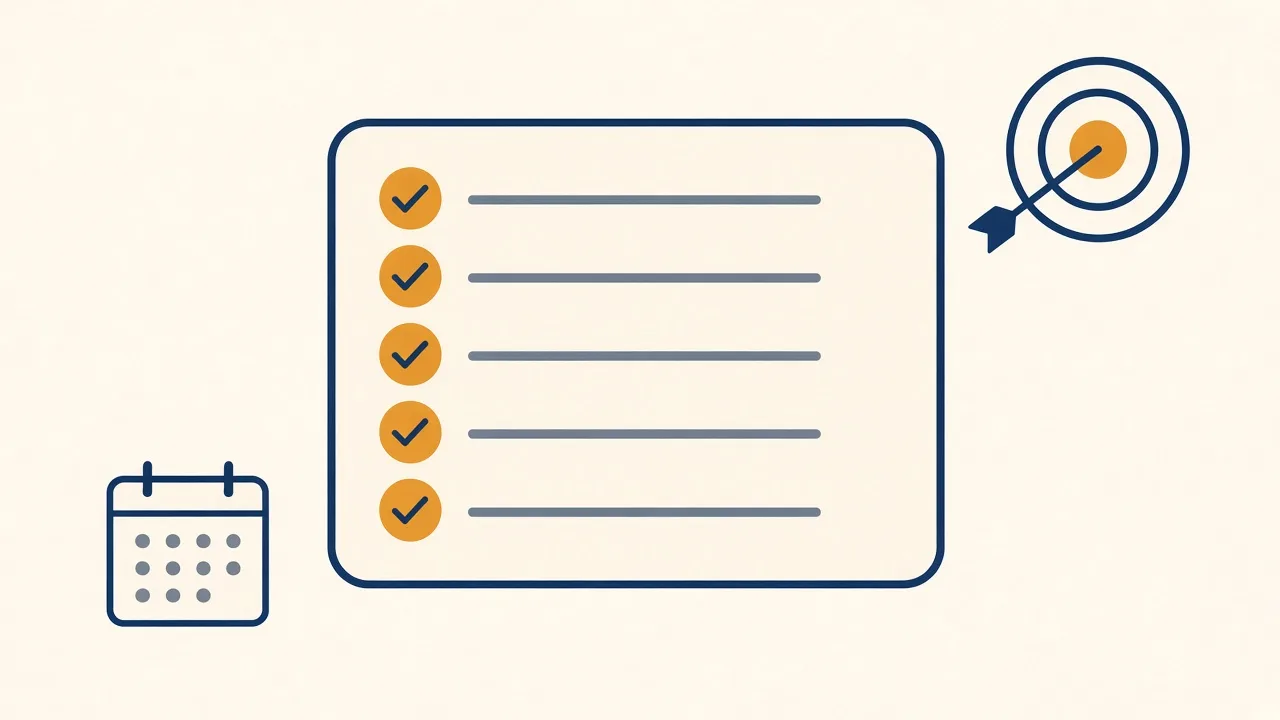 Illustration of a checklist with five completed items beside a target and a calendar