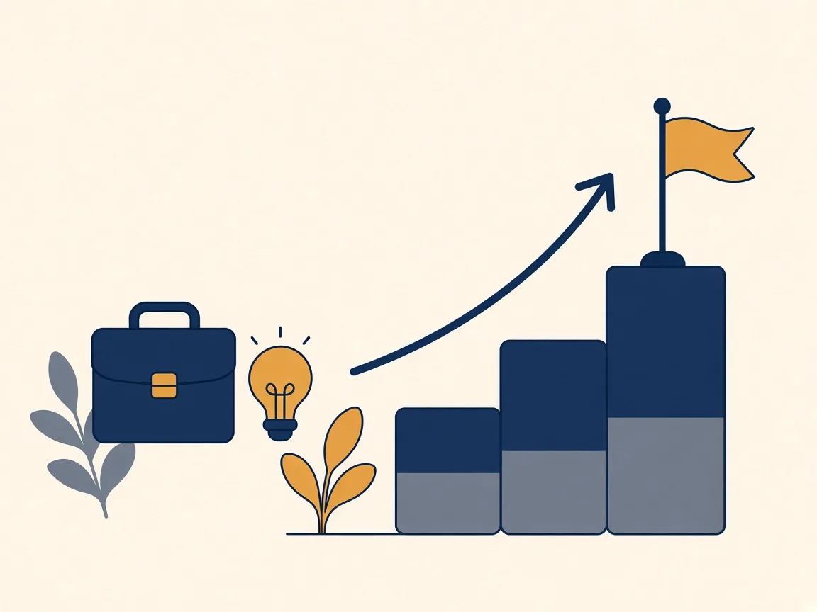 Illustration of a briefcase and an idea beside rising steps topped with a flag