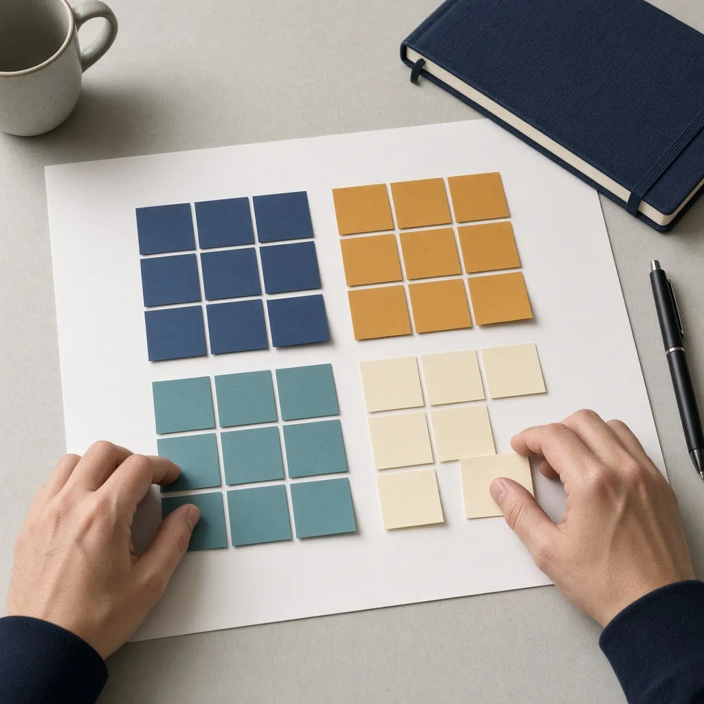 Hands arranging coloured sticky notes into four groups on paper during a strengths and weaknesses self-assessment