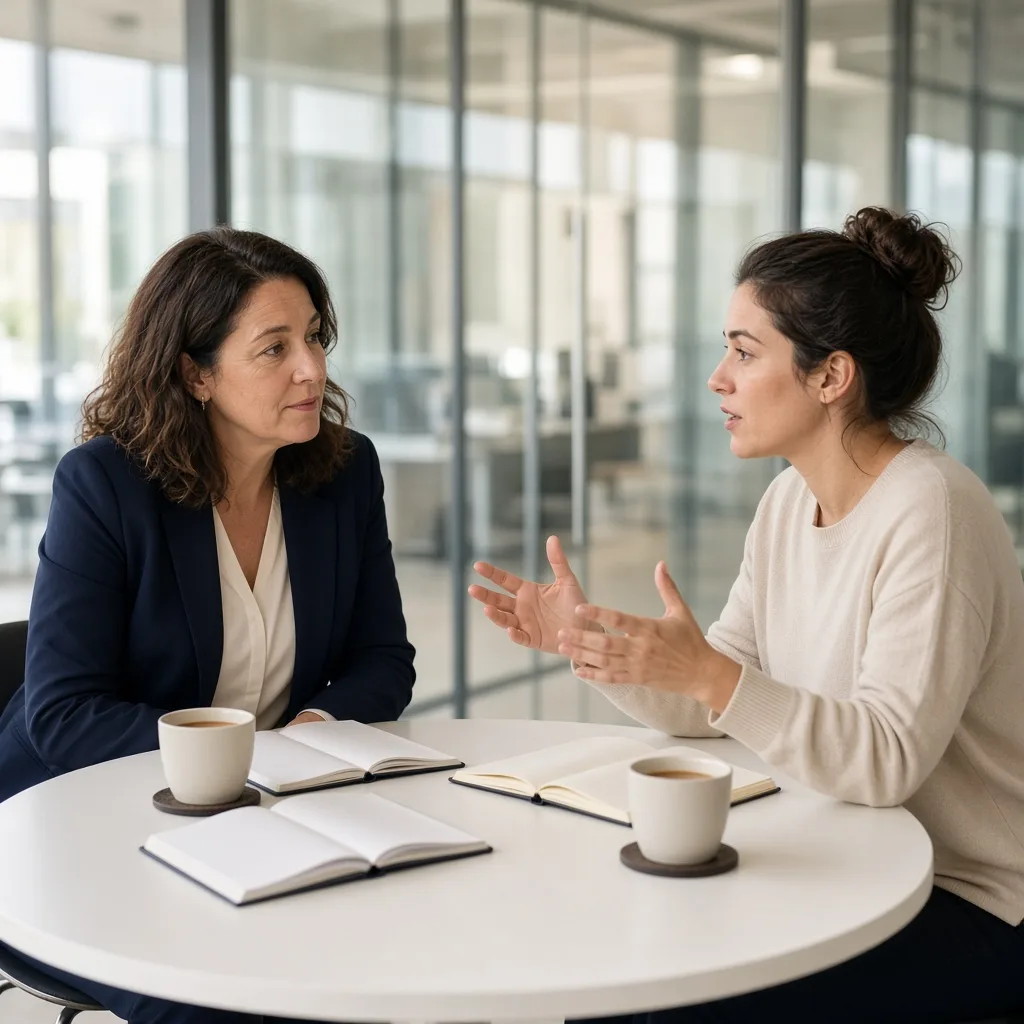 Manager and employee having a supportive one-to-one career development conversation in a bright meeting room