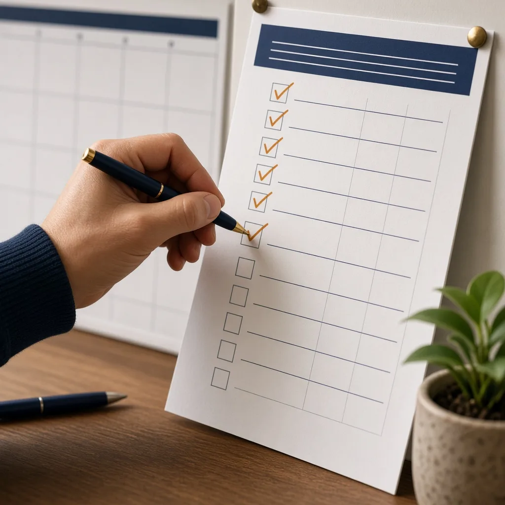 Hand ticking completed items on a printed progress chart pinned beside a wall planner