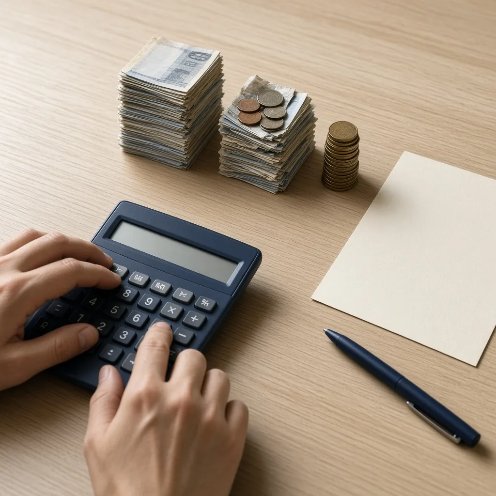 Hands using a calculator beside three uneven stacks of coins and banknotes while working out profit margins