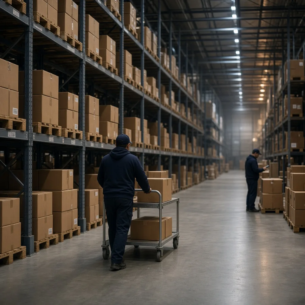 Warehouse worker moving a trolley of parcels down an aisle of racking filled with plain cardboard boxes