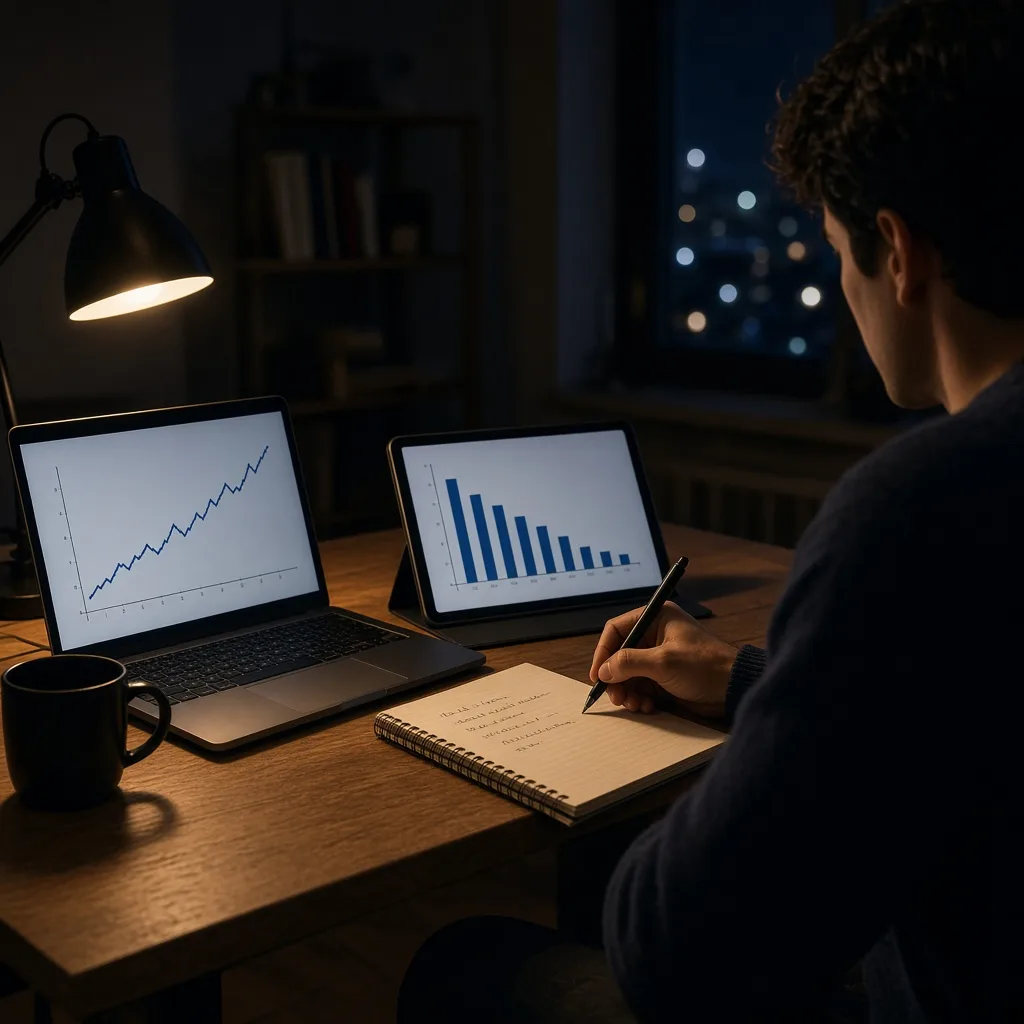 Person at a desk at night comparing a rising chart on a laptop and a declining chart on a tablet while taking notes