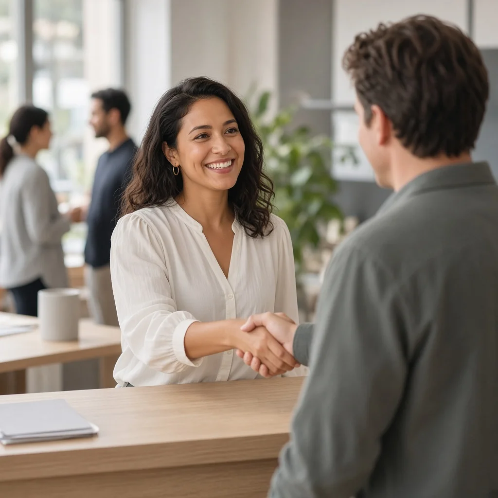 New employee shaking hands with a colleague at a bright office reception desk on their first day
