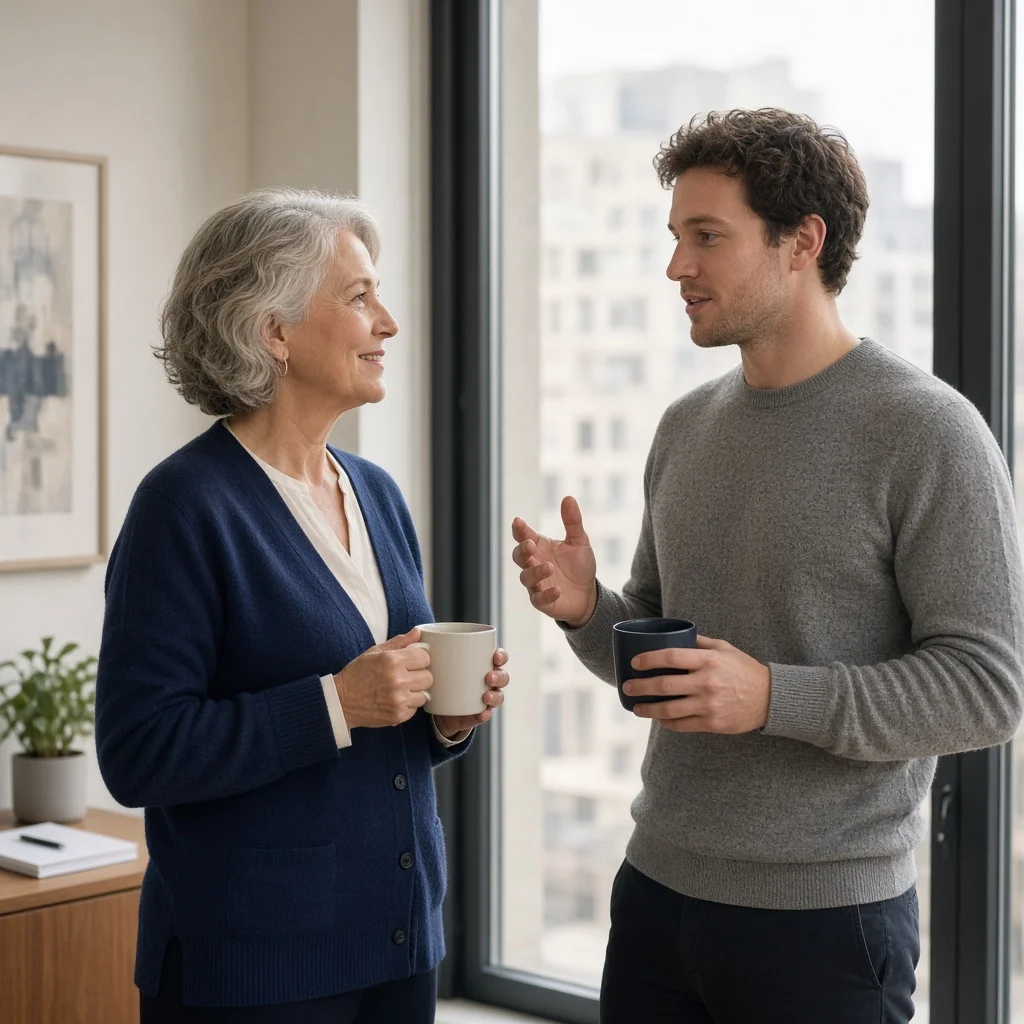 Manager and new employee talking beside a window during a short informal check-in