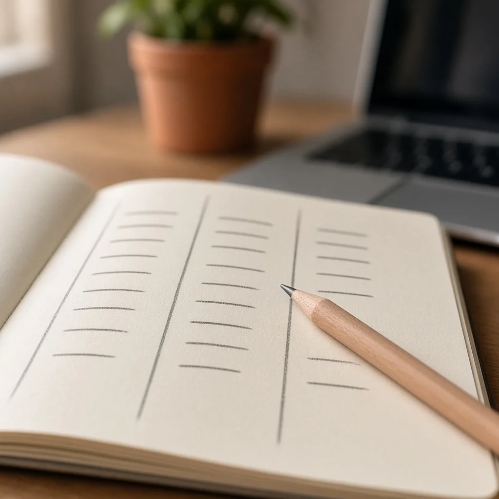 Close-up of a handwritten plan in a notebook divided into three columns beside a laptop keyboard
