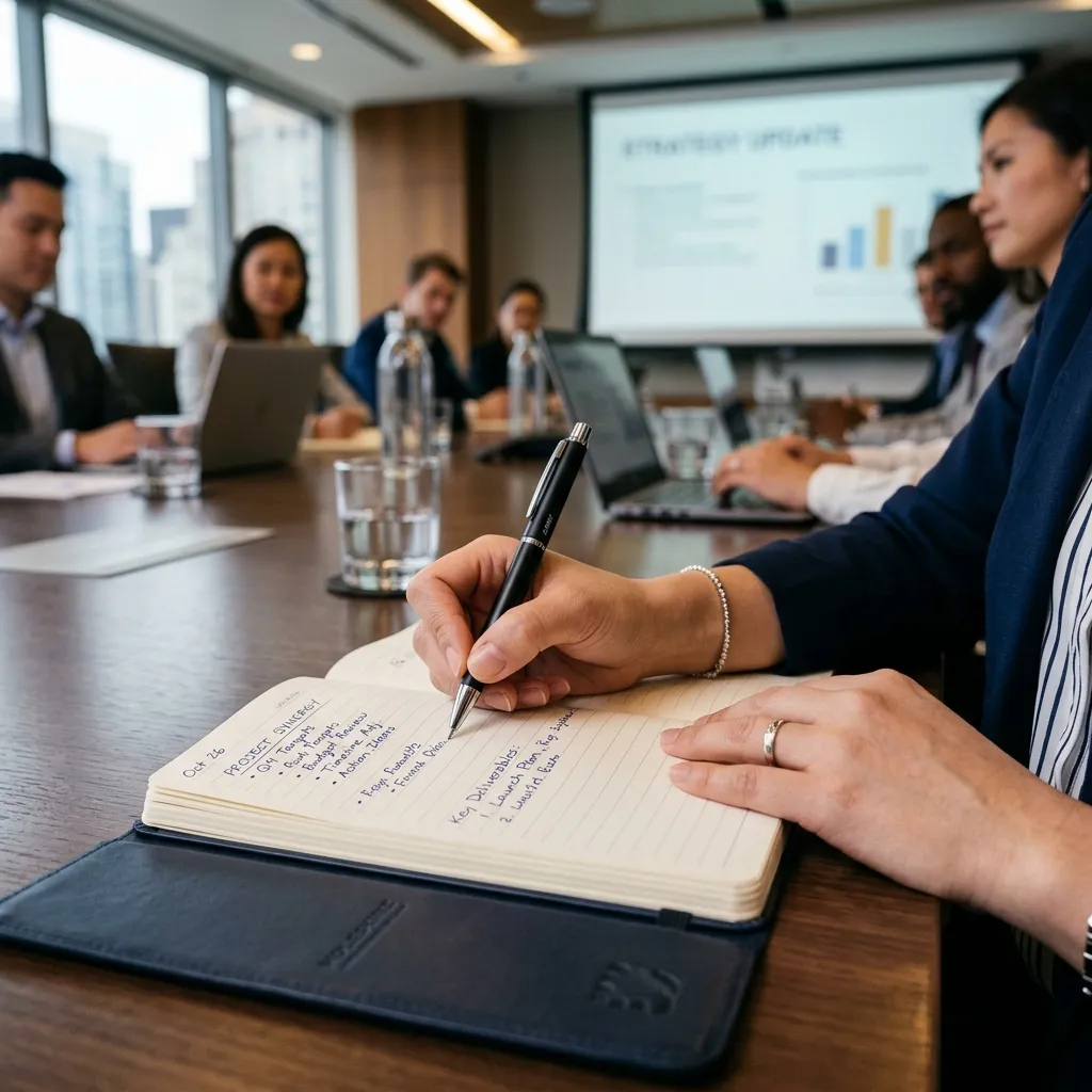 Candidate taking handwritten notes in a meeting room while researching a company
