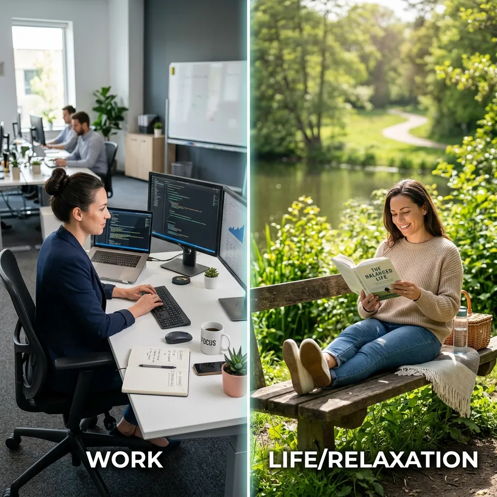 Composed image contrasting a work desk with an outdoor place to unwind