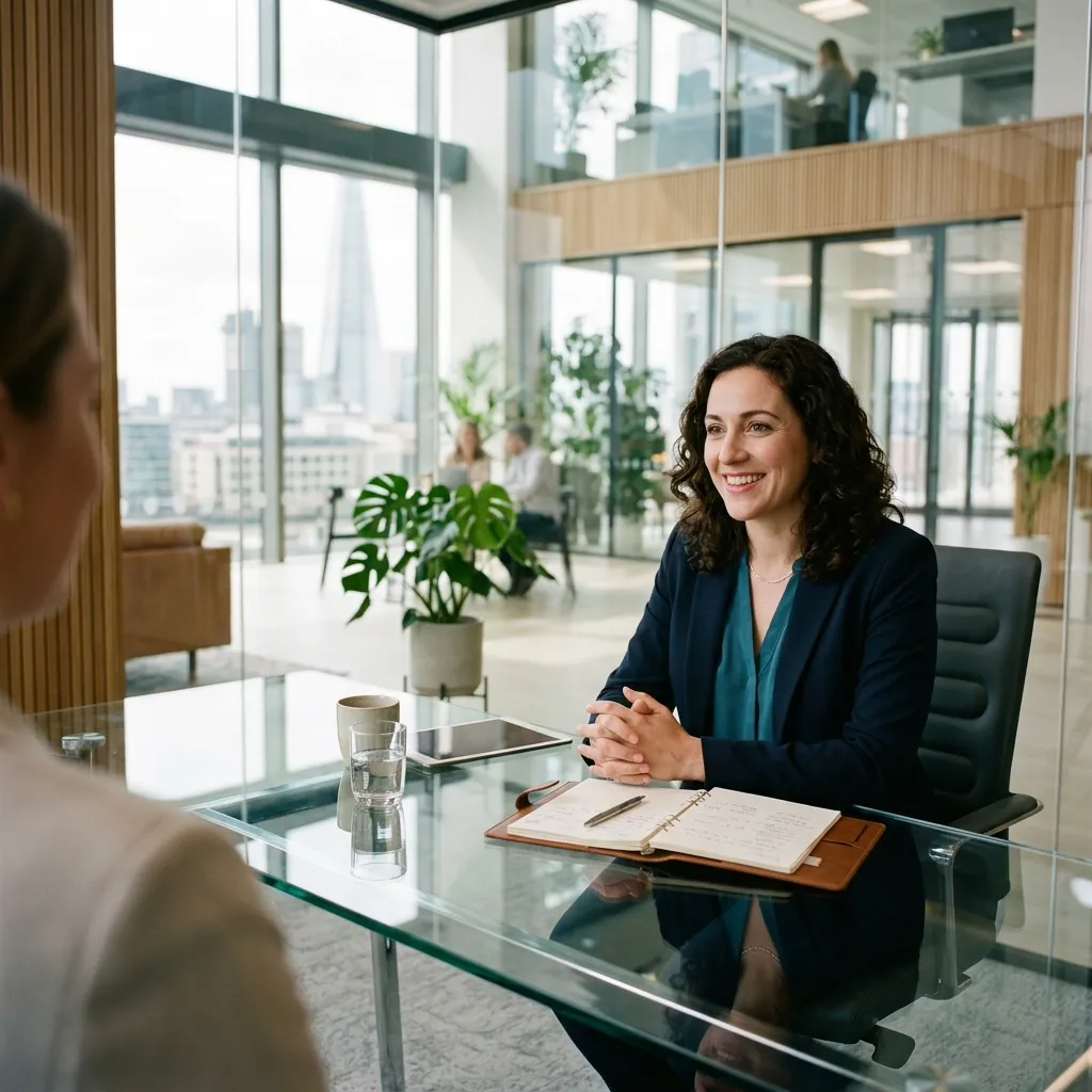 Interviewer listening attentively to a candidate across a glass meeting table