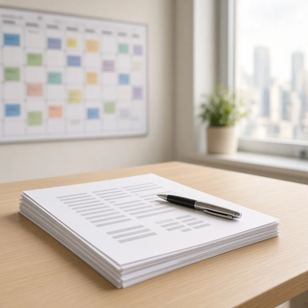 Wall planner and a stack of printed budget documents in a bright office