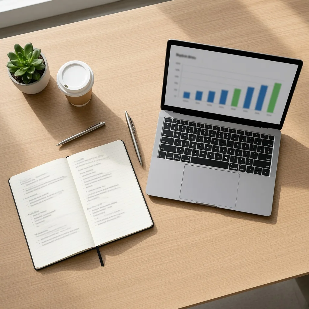 Notebook listing work achievements next to a laptop showing a results chart