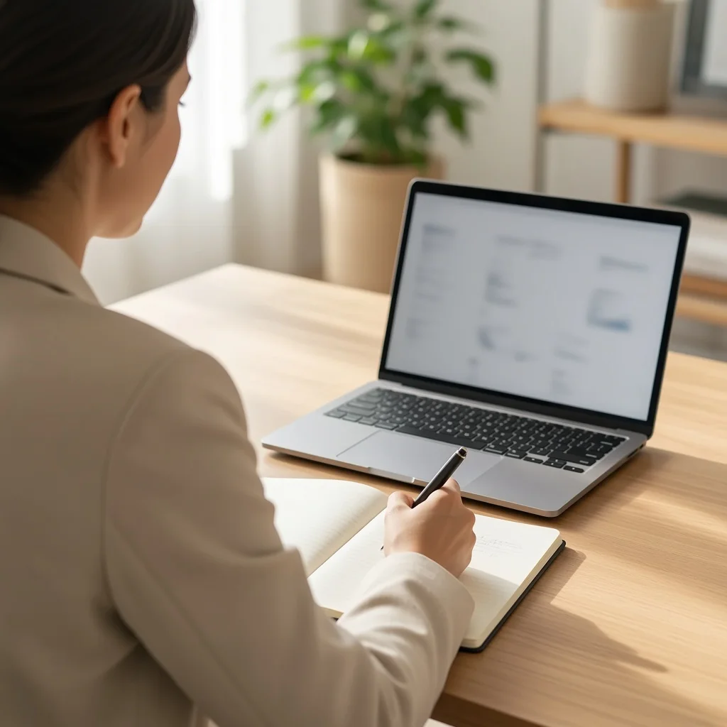 Person at a desk comparing salary figures on a notepad and laptop