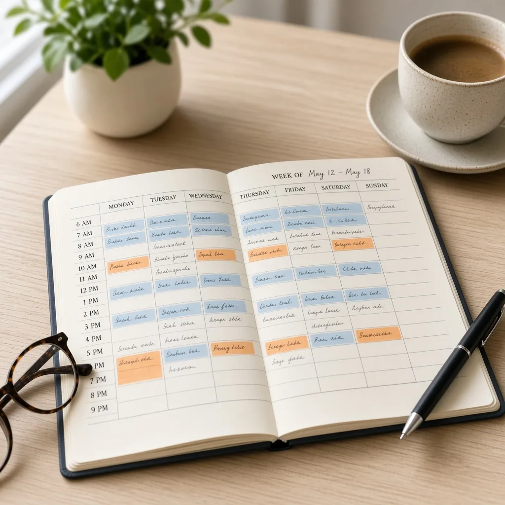 Open weekly planner on a desk with work hours blocked in blue and personal time blocked in orange
