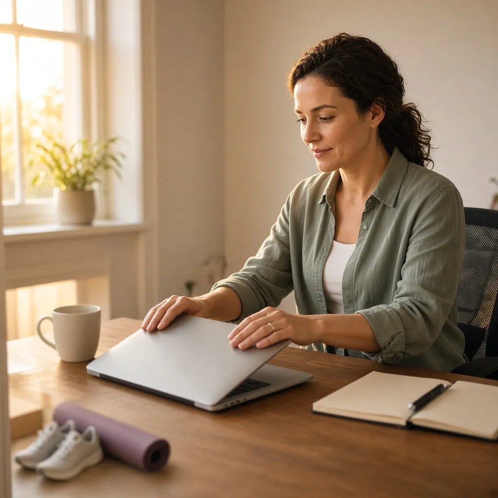 Woman closing her laptop at the end of the working day with running shoes and a yoga mat waiting nearby