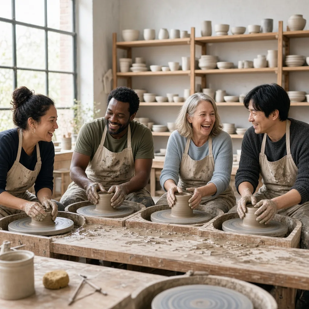 Four adults laughing together at pottery wheels during a group pottery class in a bright studio