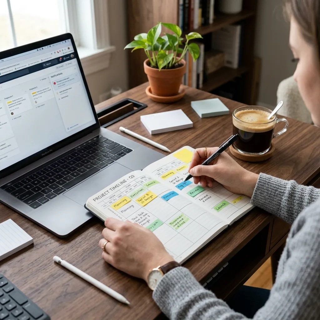 Person mapping out a project timeline with sticky notes and a notebook on a desk