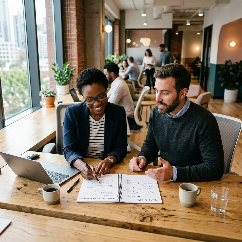 Colleagues in a modern office discussing a plan together at a table
