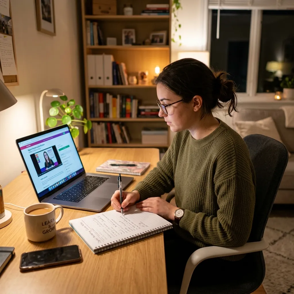 Person taking an online project management certification course on a laptop