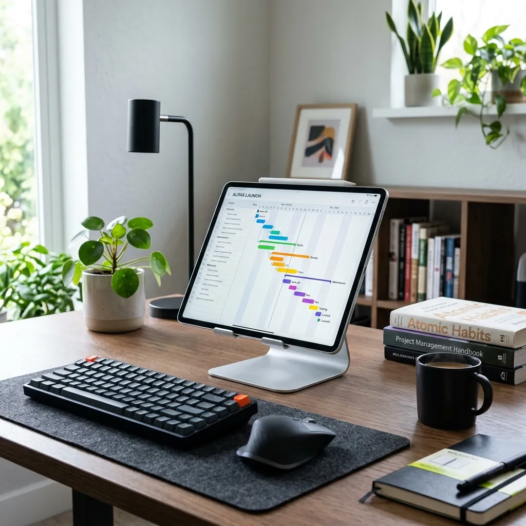 Tablet on a desk displaying a project timeline and Gantt chart