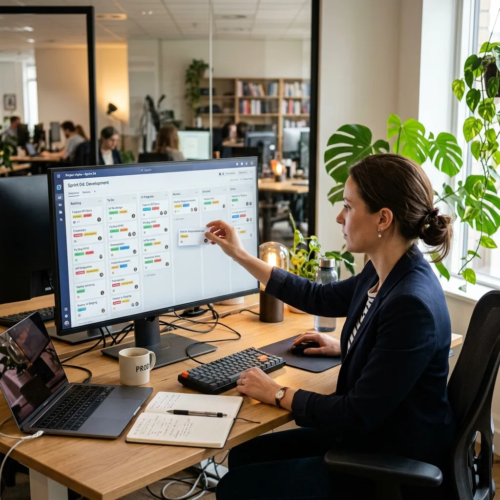 Digital kanban board on a monitor with tasks organised into columns