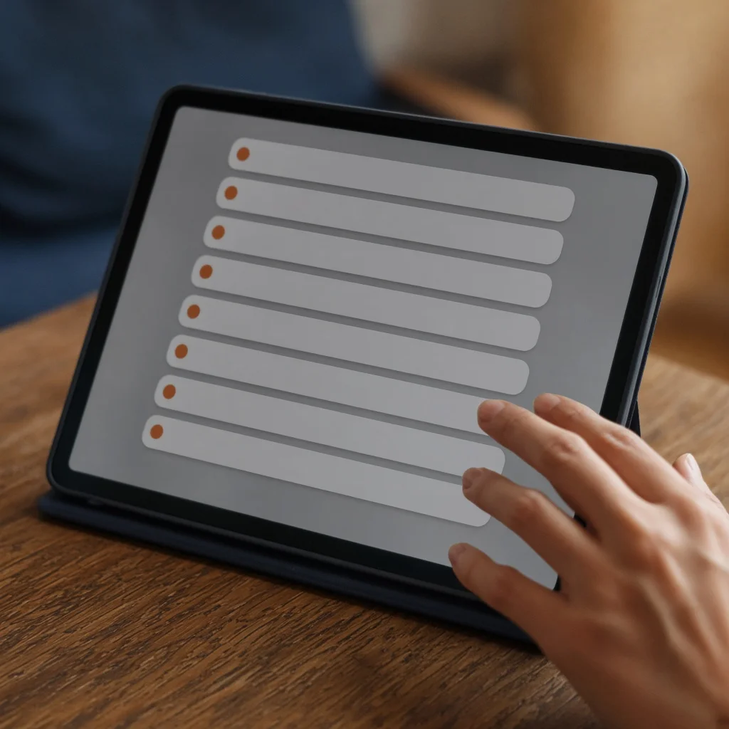 Close-up of a tablet on a wooden table showing an abstract course outline as plain grey bars and circles