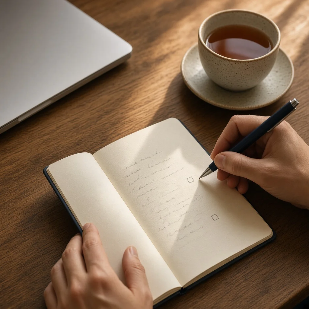 Person writing a short learning goal in a notebook beside a closed laptop on a desk