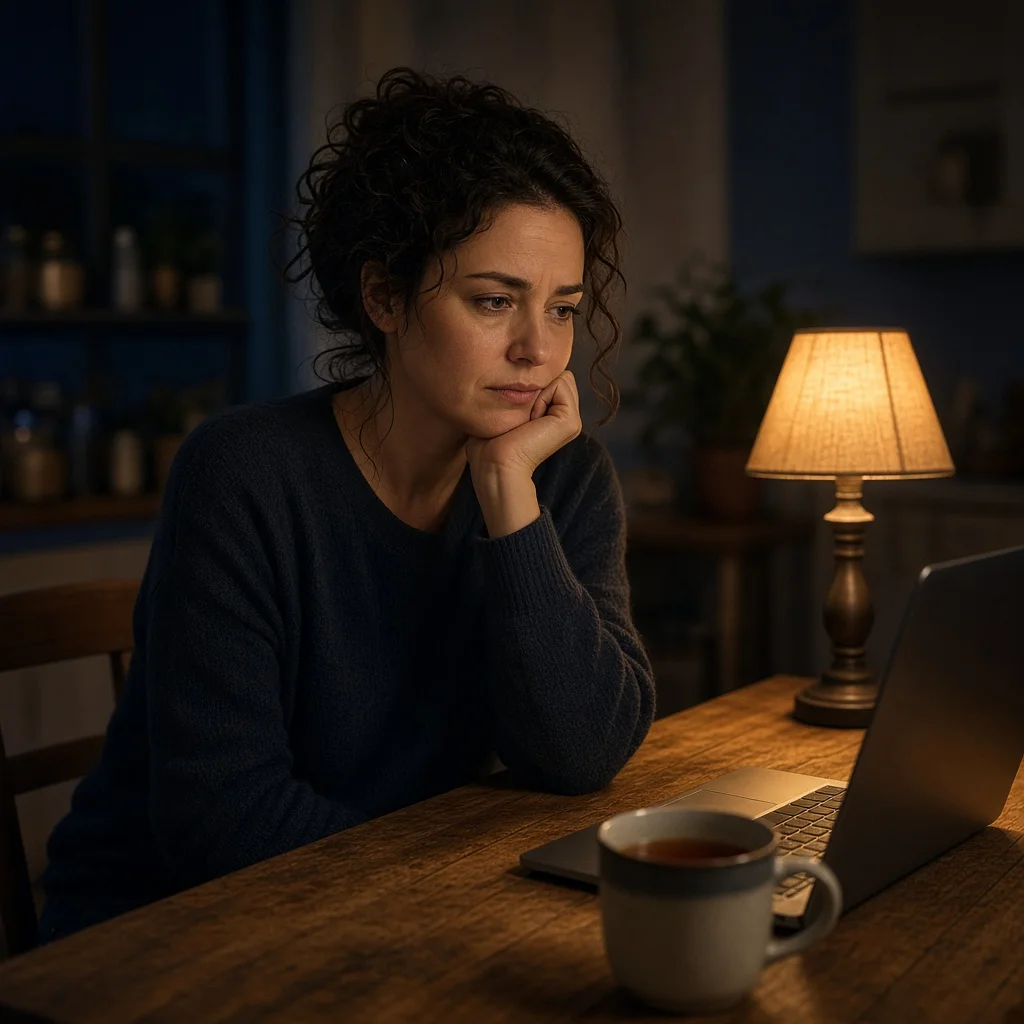 Person sitting at a kitchen table in the evening looking carefully at a laptop screen with a thoughtful expression