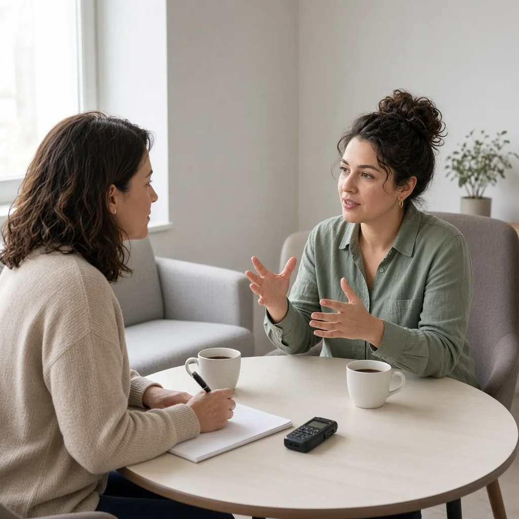 Researcher taking handwritten notes while a participant talks during a one-to-one customer interview