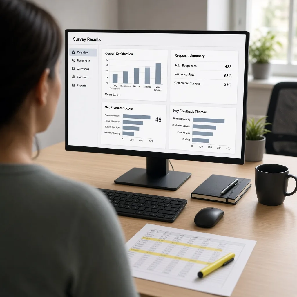 Person reviewing survey results and response summary charts on a desktop monitor