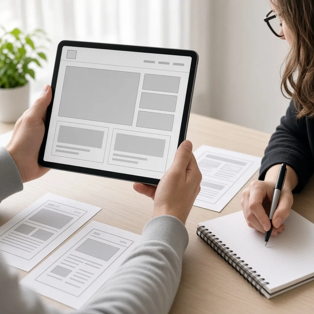 Hands holding a tablet showing a simple greyscale wireframe while a researcher observes and takes notes