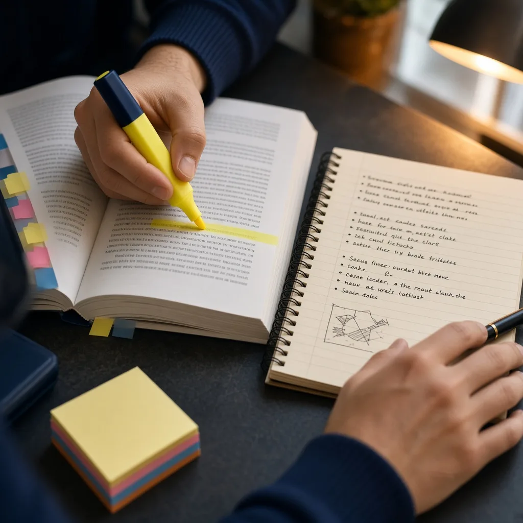 Hands highlighting a line in an open book while making short notes and page tabs in a spiral notebook