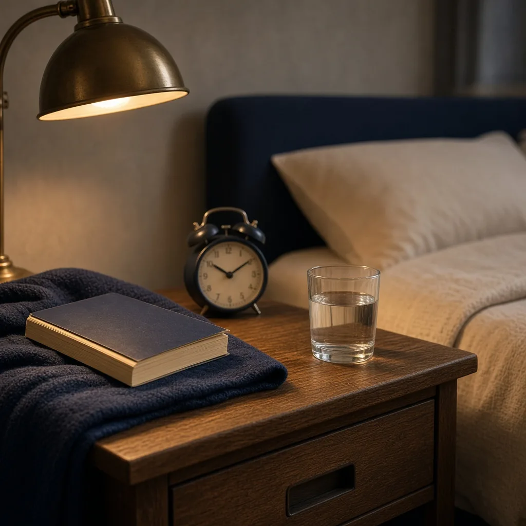 Book resting open on a folded blanket beside an alarm clock and glass of water under a warm bedside lamp