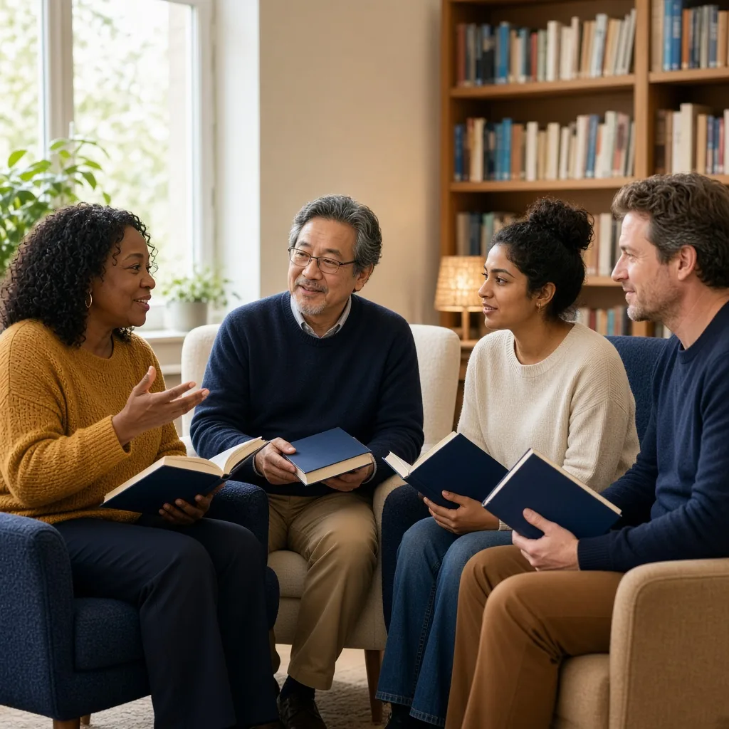 Four adults sitting in a circle in a library corner holding copies of the same book during a discussion