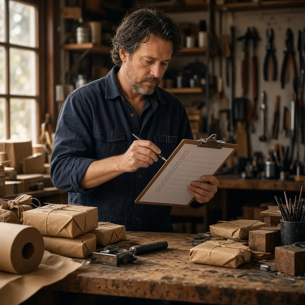 Small business owner at a workbench reviewing a simple customer list on a clipboard with a pen