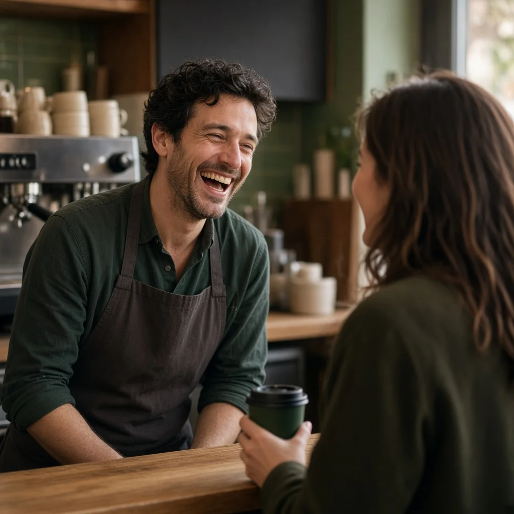 Cafe owner chatting warmly with a regular customer across the counter while preparing their order