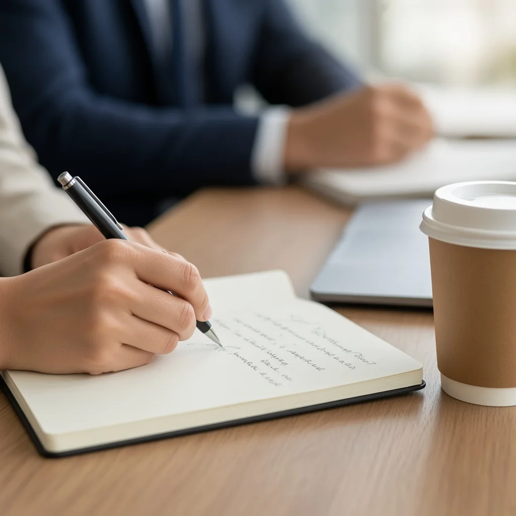 Freelancer writing a short list of services on a notepad beside a laptop