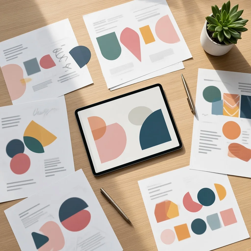 Portfolio of sample work laid out on a tablet and printed sheets