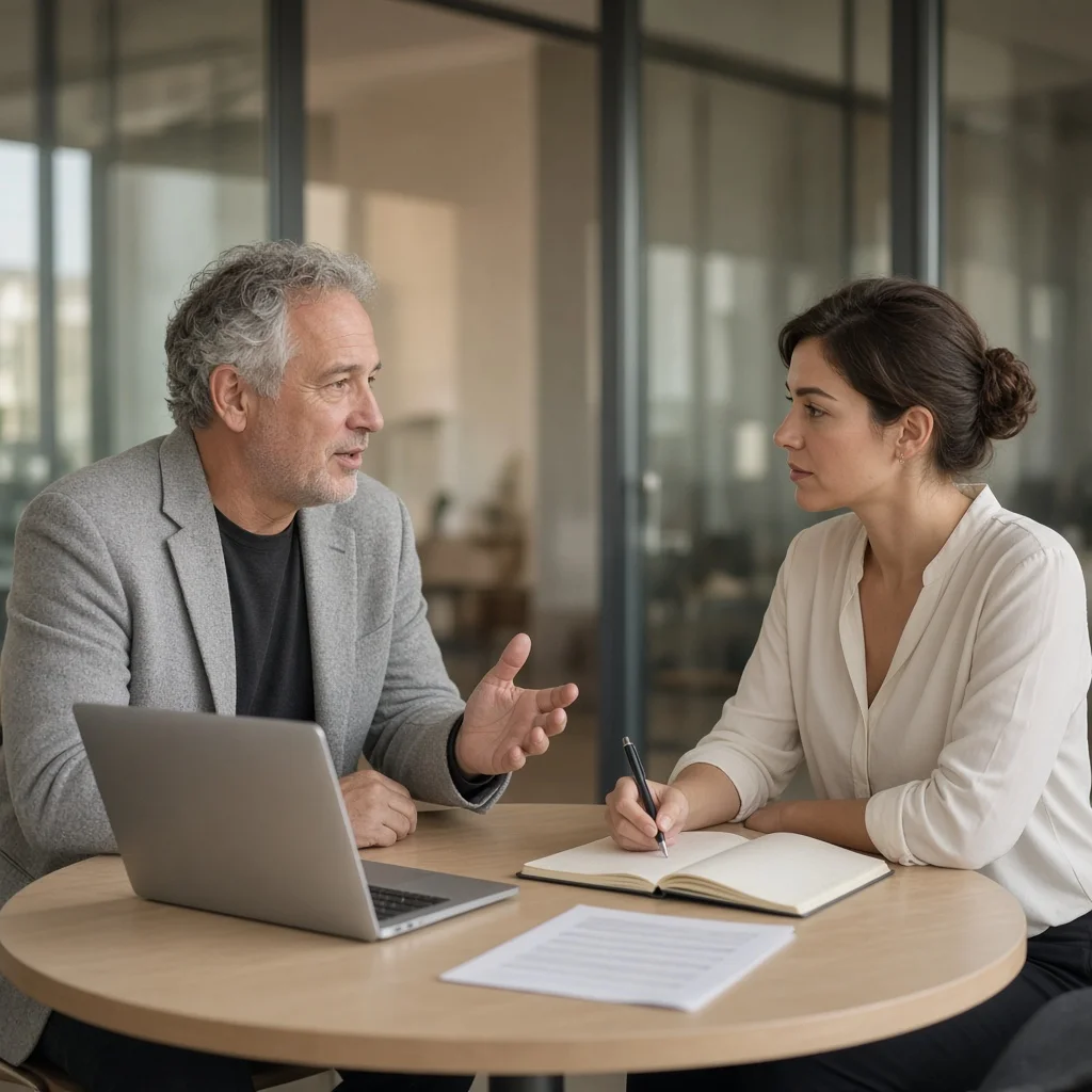 Two colleagues sitting across a small table in a quiet office during a one-to-one review meeting