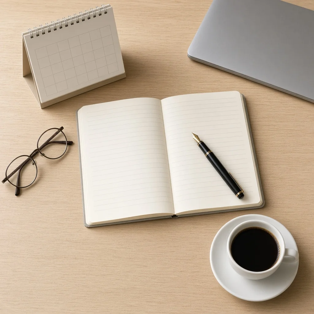 Open notebook and planner on a desk beside a laptop and a cup of coffee, with a pen resting on the page