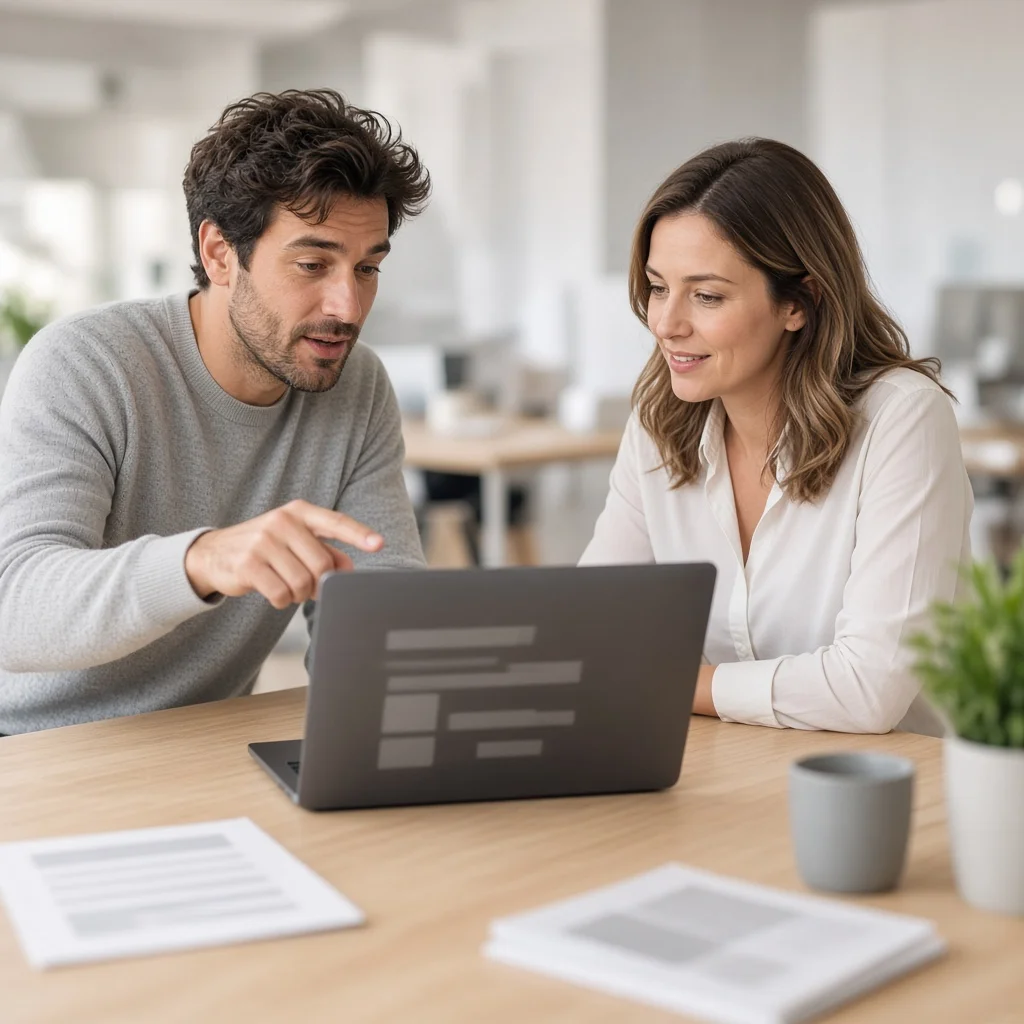 Two colleagues reviewing work together on a laptop screen in a bright open-plan office