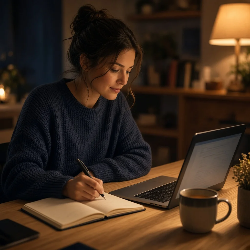 Person studying at a home desk in the evening with a laptop and notebook