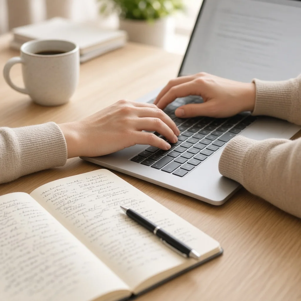 Close-up of hands working through a practice exercise on a laptop with handwritten notes