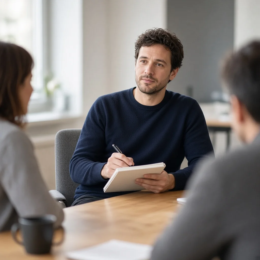 Professional sitting slightly back from a meeting table holding a notebook, listening carefully to colleagues