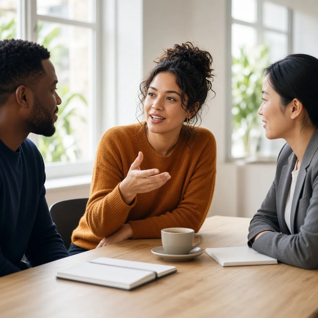 Colleague leaning forward to make a point at a meeting table while others turn to listen