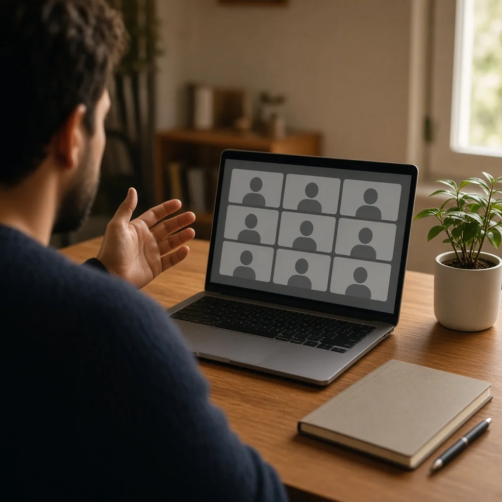 Person at a home desk speaking during a video call, laptop showing an abstract grid of blank participant tiles
